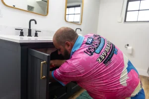 A Big Kahuna Plumbing technician in a pink shirt repairs pipes under a bathroom sink with black fixtures and marble countertop.